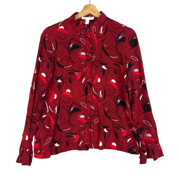 BOSS‎ Hugo Boss Button down Red Floral print shirt long sleeve Sz S Blouse Top - Picture 1 of 4